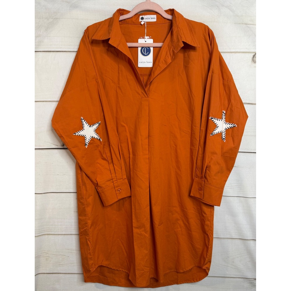 Caryn Lawn Burnt Orange Star Patch Oversized Shirt Dress One Size NEW